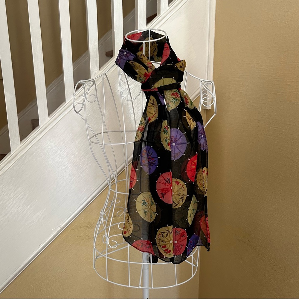 Chico's Silk Black Scarf With Colorful Cocktail Umbrellas
